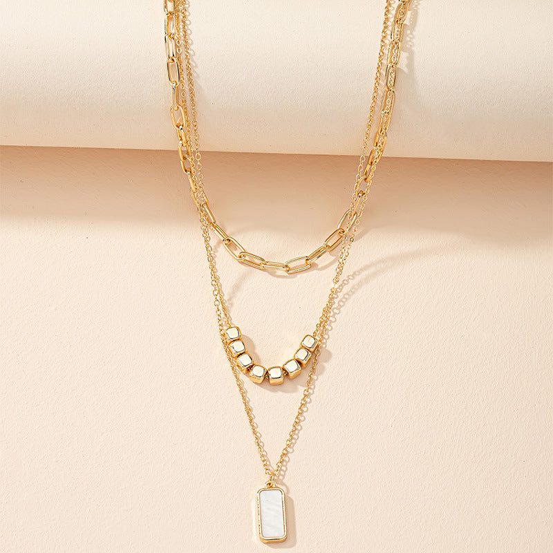 Three-Layer Shell Pendant Necklace with Multi-Layer Square Pendant