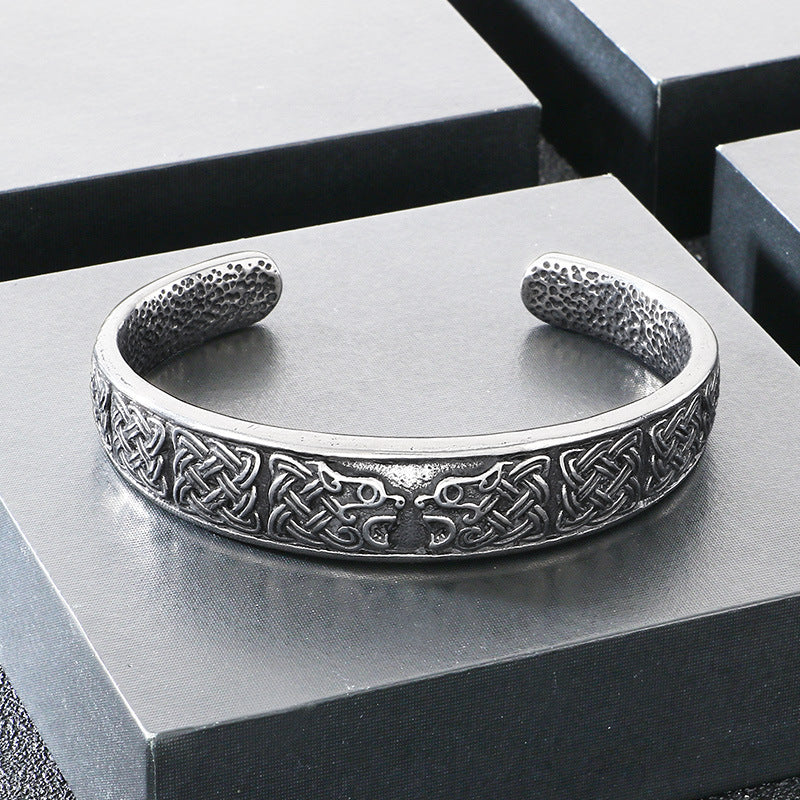 Rune – Nordic Viking Celtic Knot Double Wolf Head Titanium Steel Men's Opening Bracelet