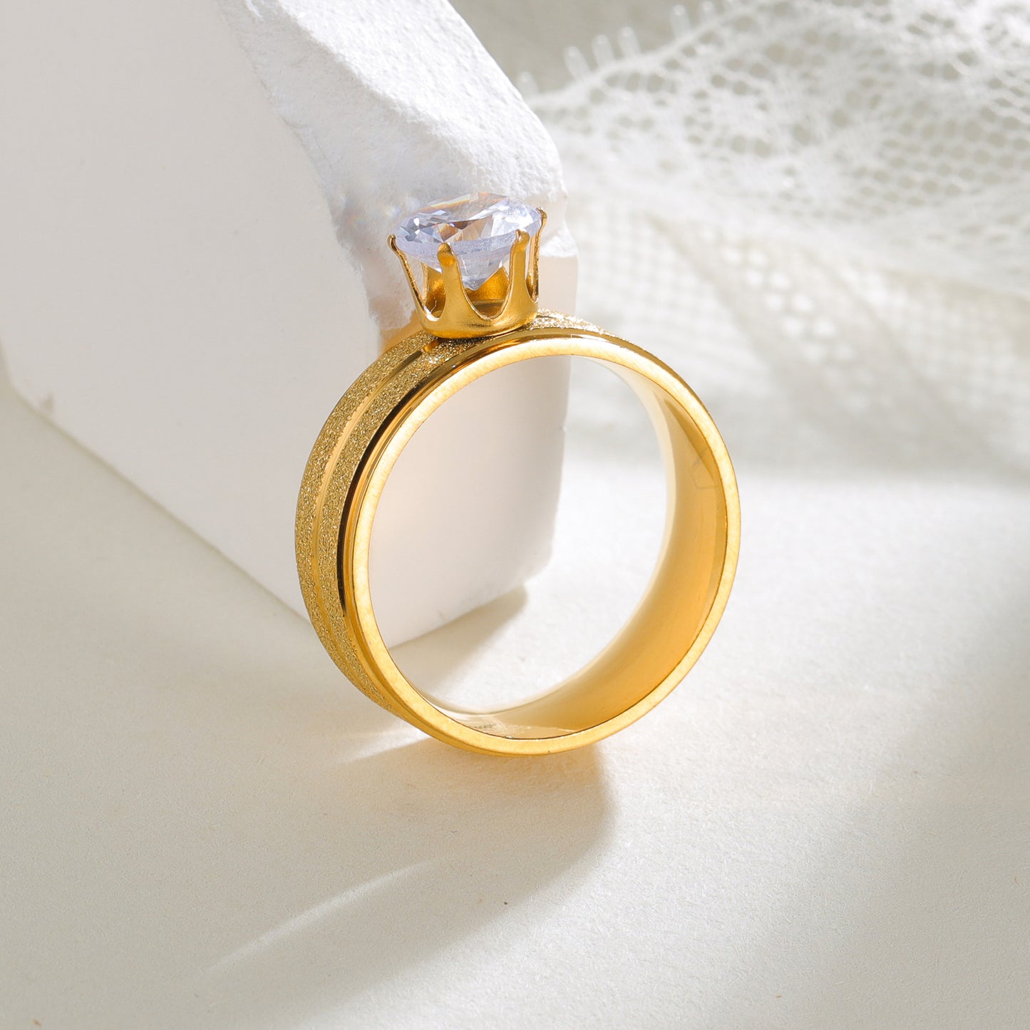 Planderful Gold Matte Stainless Zircon Ring For Women