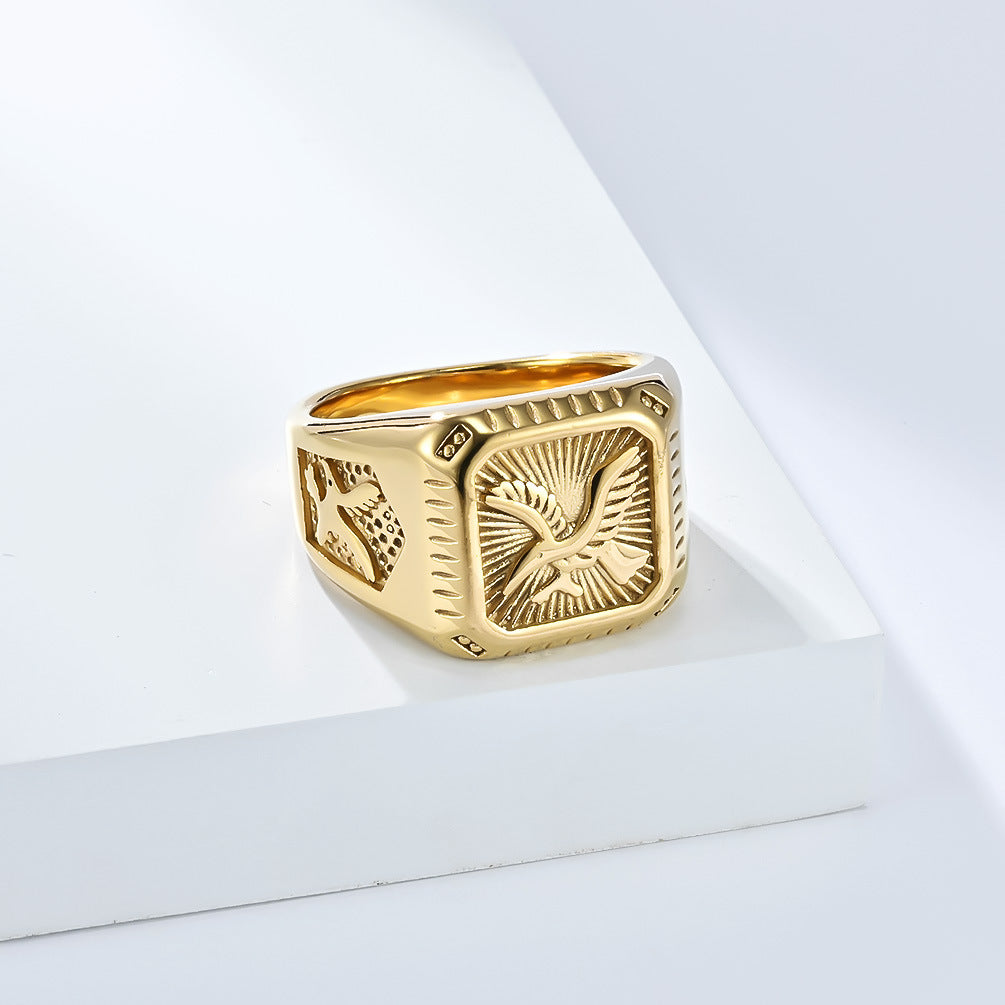 European And American Eagle Ring Stainless Steel 18K Gold Plated For Men Bold Fashion Jewelry Planderful