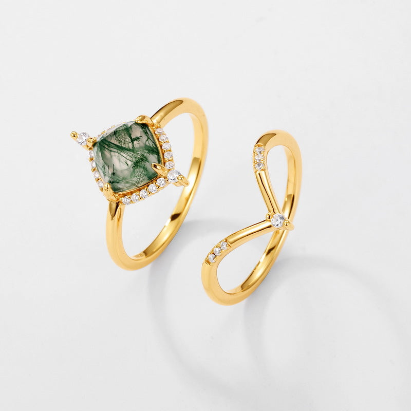 Planderful Jewelry Geometric Aquatic Agate Ring in S925 Silver Gold Plated V Shape