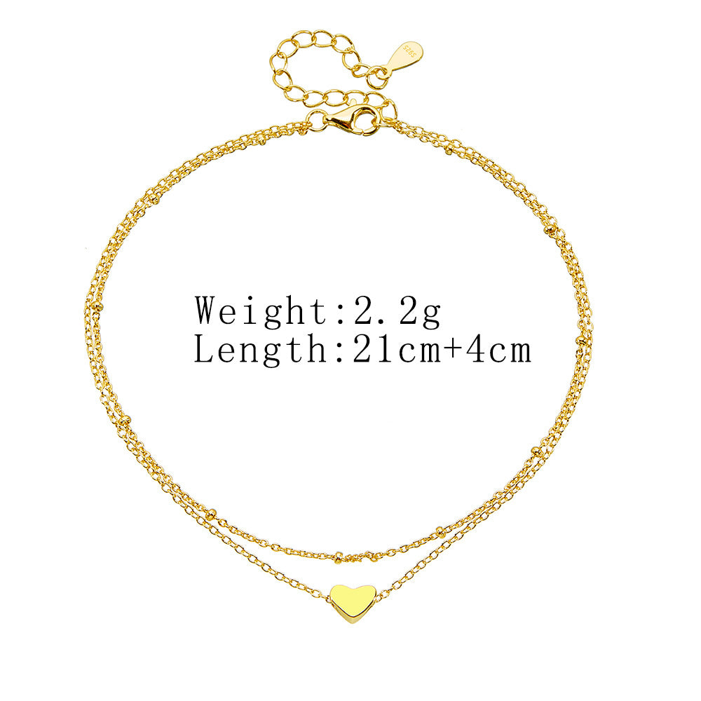 S925 Sterling Silver Double Chain Heart Pendant Anklet Gold-Plated Love Foot Bracelet