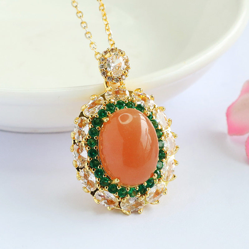 Orange Moonstone Green Zircon Pendant — No Chain