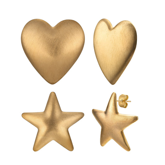Ladies Brushed Heart Love Star Pentagram Gold Earrings Set