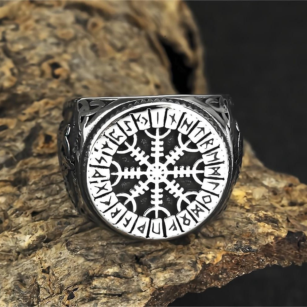 European And American Jewelry Wholesale Men's Titanium Steel Ring Viking Snowflake Compass Rune Stainless Steel Ring