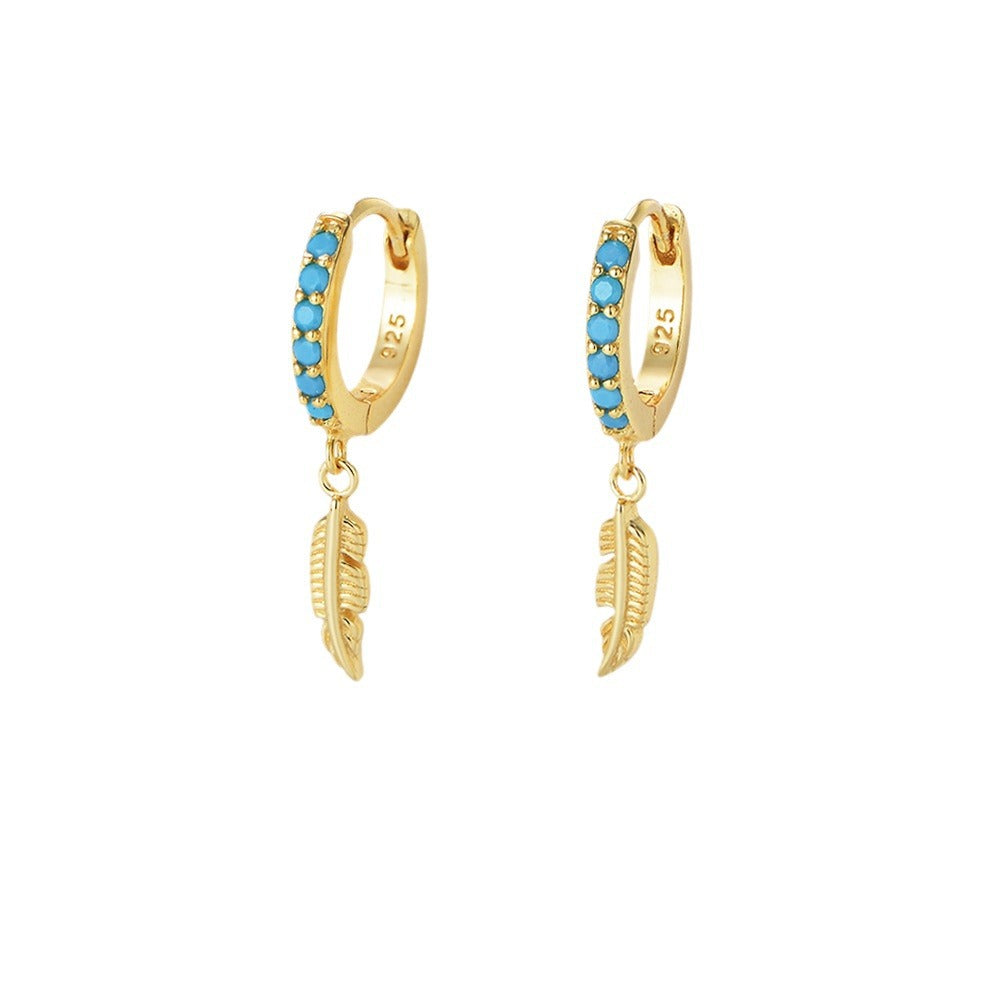 S925 Sterling Silver Turquoise Feather Ear Buckle Earrings High-End Earrings