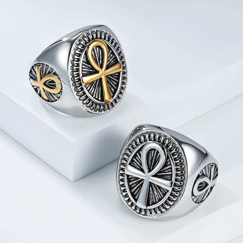 Planderful Anka Cross Titanium Ring For Men And Women Retro Egyptian Life Talisman Stainless Steel Jewelry