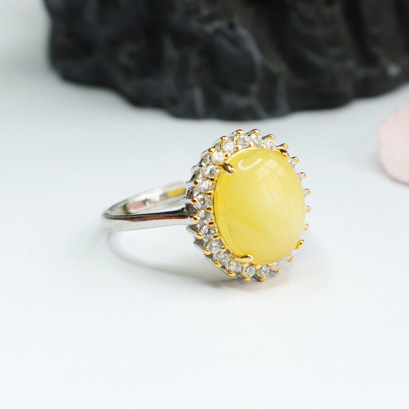 Sterling Silver Oval Beeswax Amber Zircon Ring
