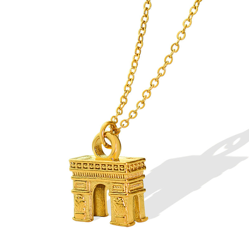 Luxurious Gold Plated Arc de Triomphe Necklace - Elegant Minimalist Collar Chain for Women's Jewelry