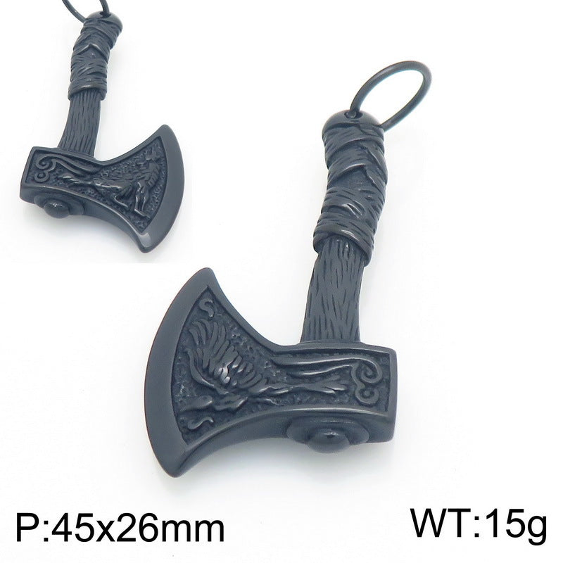 Nordic Viking Wolf Pattern Battle Axe Pendant – Punk Style Axe Amulet Titanium Steel Necklace