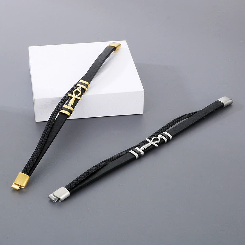 Planderful Leather Magnetic Buckle Handwoven Mens Bracelet