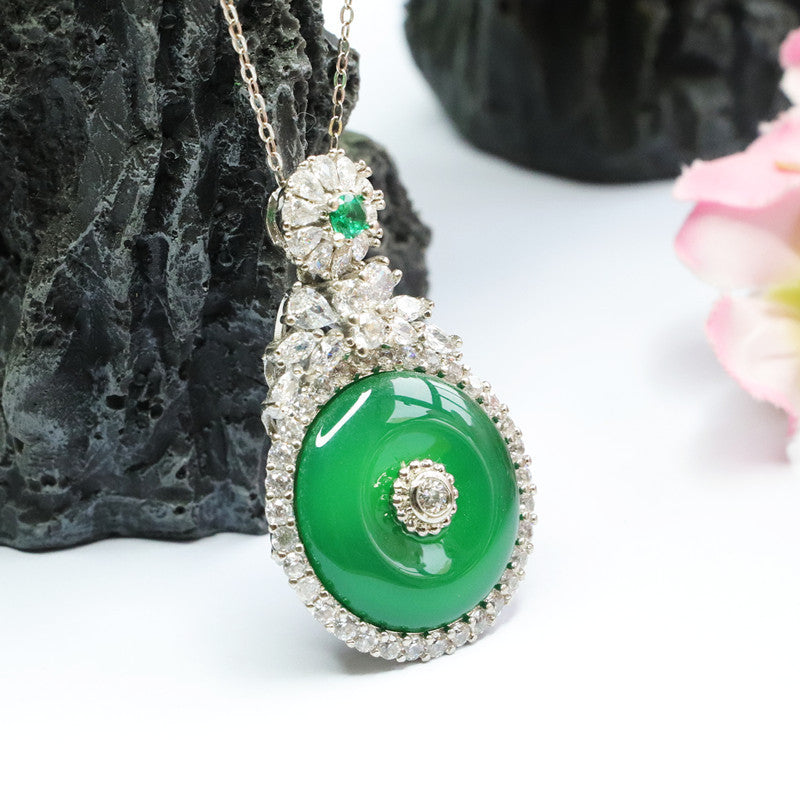 Green Chalcedony Sterling Silver Necklace with Zircon Safety Buckle