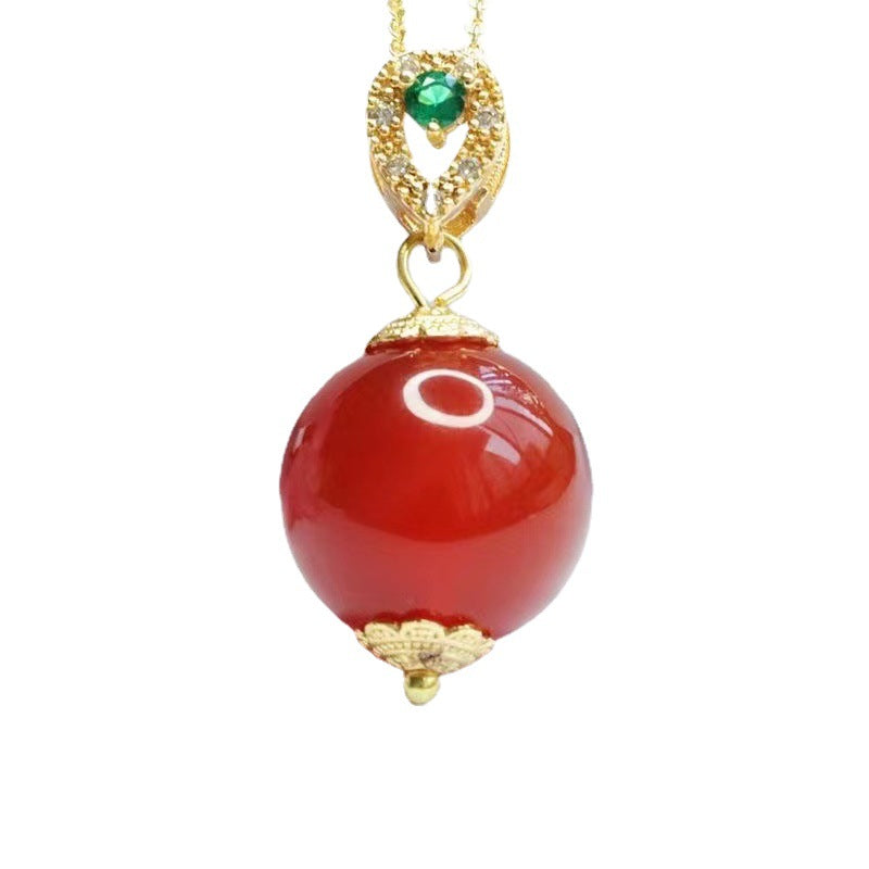 Natural Round Bead Red Agate Pendant Zircon Golden Necklace Jewelry