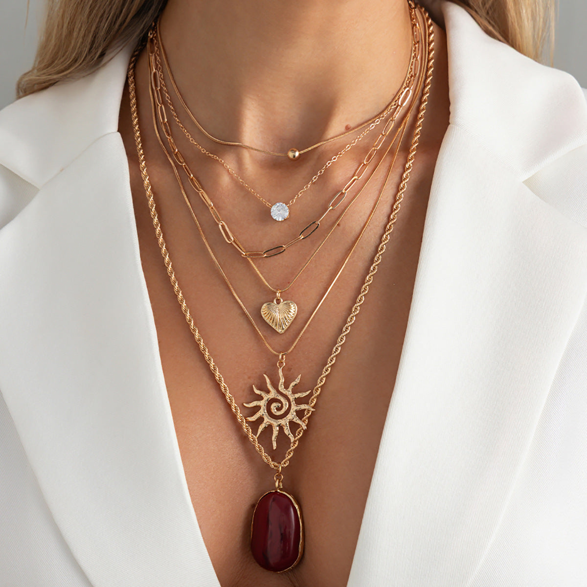 Vintage Red Gemstone-Style Layered Necklace