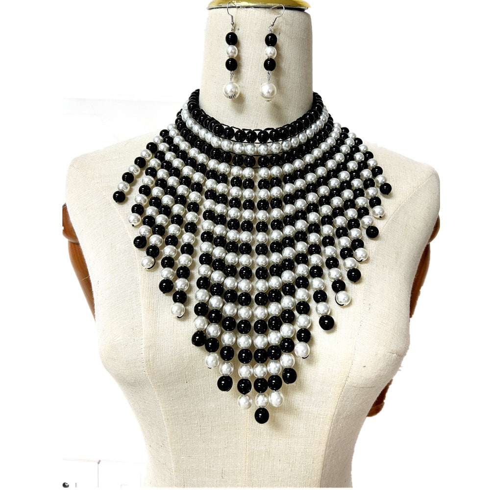 Exaggerated Triangular Scarf Necklace with Multi-layer Tassels and Imitation Pearl Accents