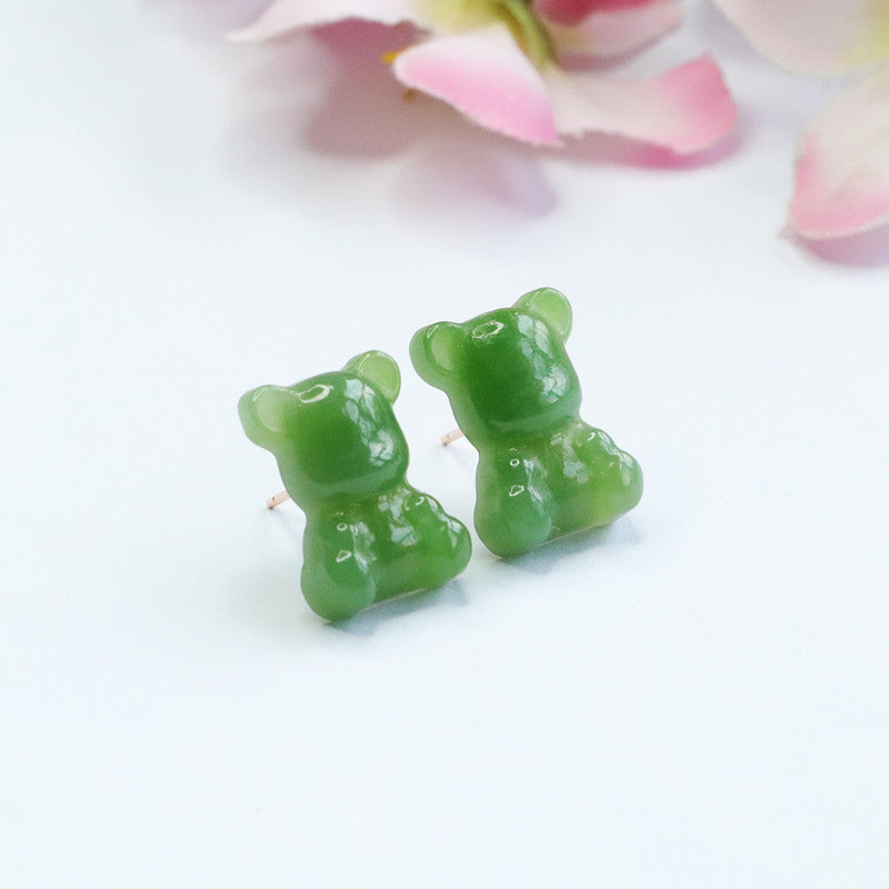 Hetian Jade Bear Stud Earrings with Sterling Silvercaffold