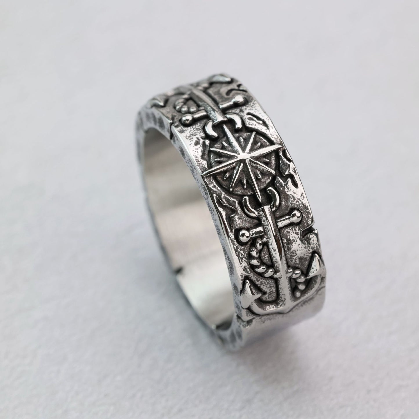 Planderful Titanium Steel Hexagram Anchor Ring For Men Trendy Punk Sailor Style Sun Ray Design