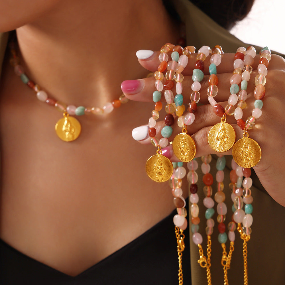 Handcrafted Titanium Steel Necklace with Natural Stone Beads