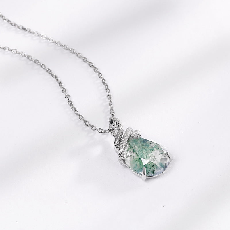 S925 Sterling Silver Moss Agate Snake Pendant Necklace