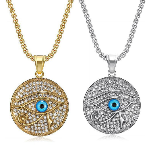 Planderful Hip Hop Jewelry Blue Horus Eye Necklace Gold Plated Titanium Steel Rhinestone Pendant For Hip Hop Fans