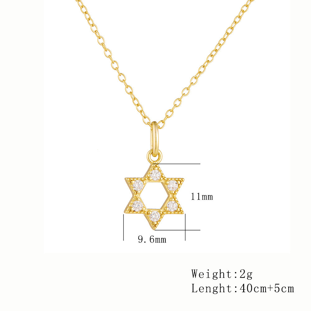 925 Sterling Silver Hexagram Hollow Pendant Necklace 14k Gold-Plated Zircon