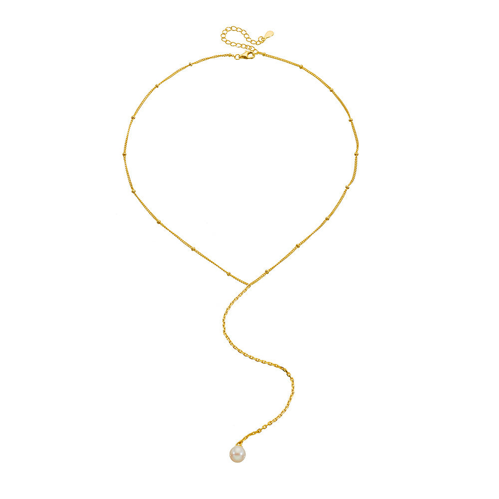 S925 Sterling Silver Y-Shaped Natural Cultured Pearl Collarbone Necklace Long Fringed Chain Sweater