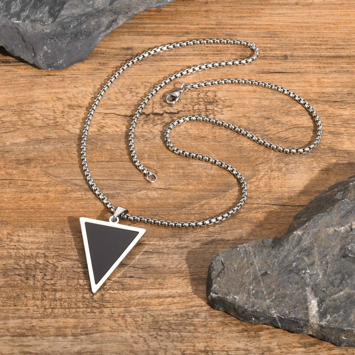 Stainless Steel Triangle Natural Tiger's Eye Stone Black Agate Pendant Necklace Men's