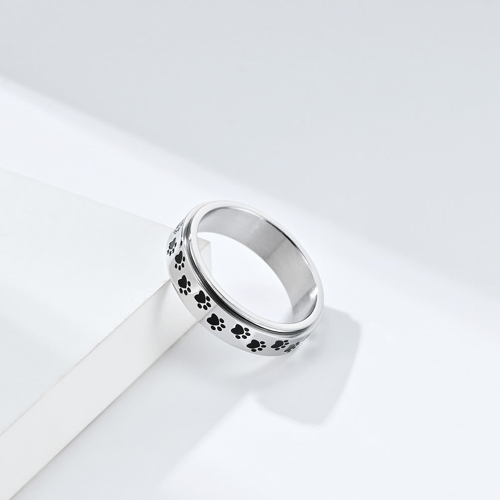 Steel Ring – Dainty Rotatable Puppy Palm Print INS Style