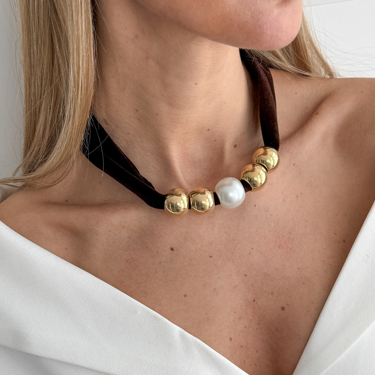 Knotted Fabric Pearl Bead Necklace