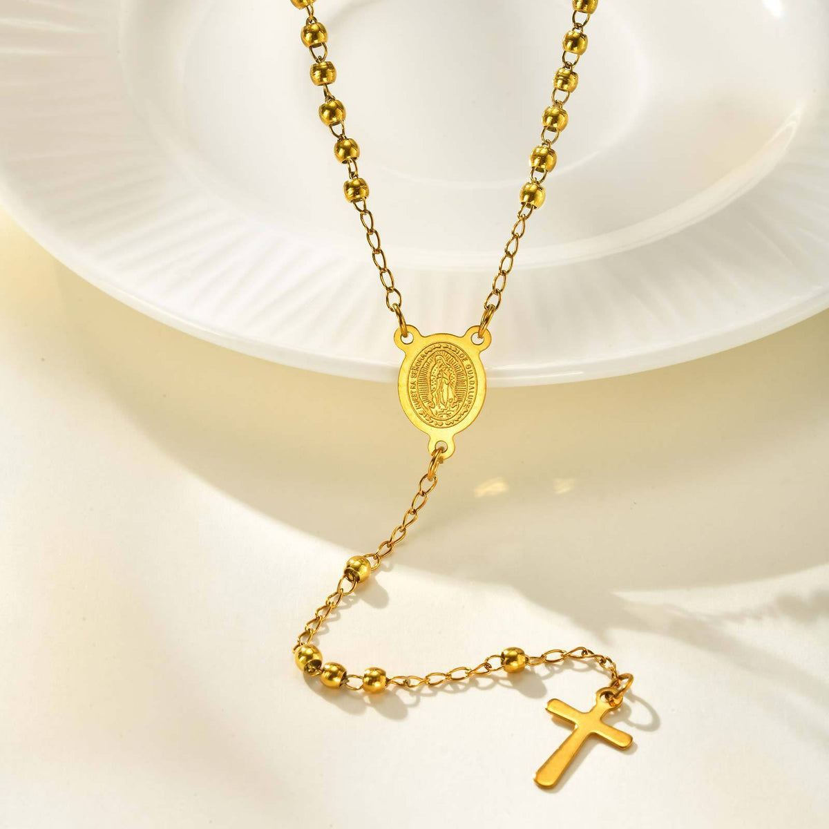 Gold Rosary-Style Y Necklace with Cross