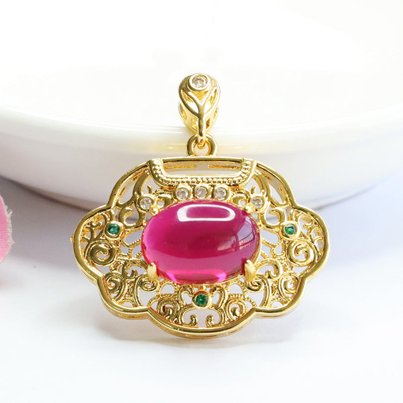 Lab-Grown Ruby Ruyi Lock Pendant — No Chain