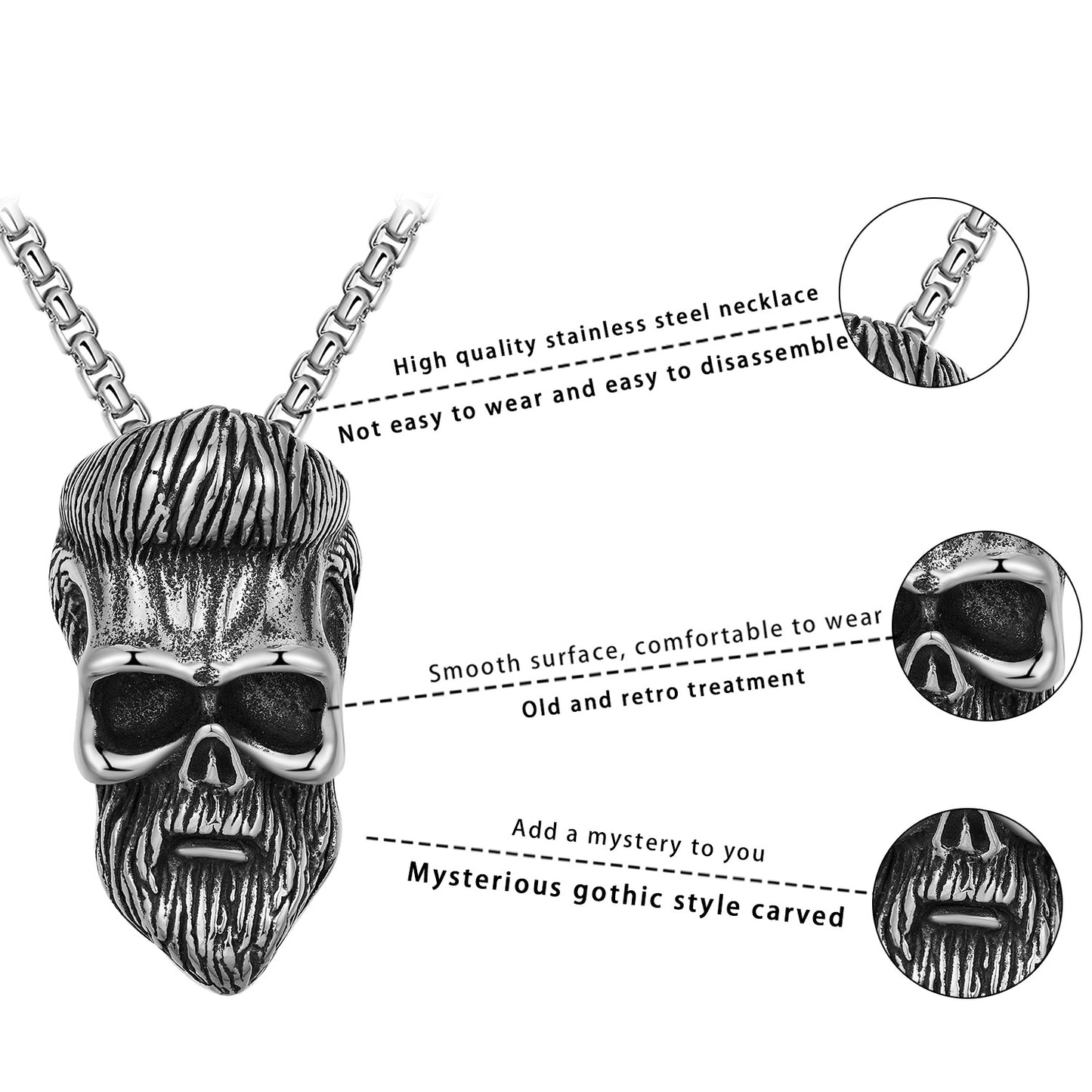 Steel Necklace – Vintage Bearded Skull Pendant for Men