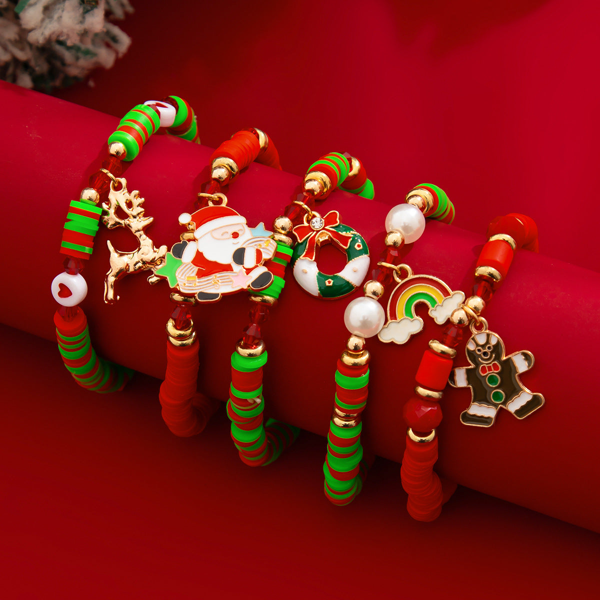 Planderful Vienna Verve Christmas Elk Pottery Bracelet For Holiday Gifts Elastic Letter Jewelry Set