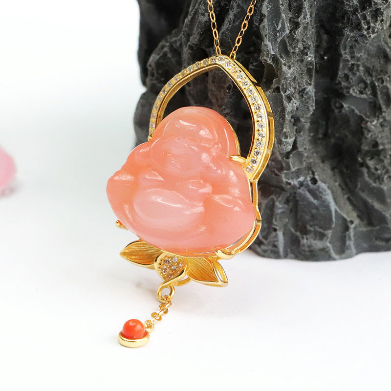 Sterling Silver Buddha Pendant with Agate Gemstone and Zircon Tassel Necklace