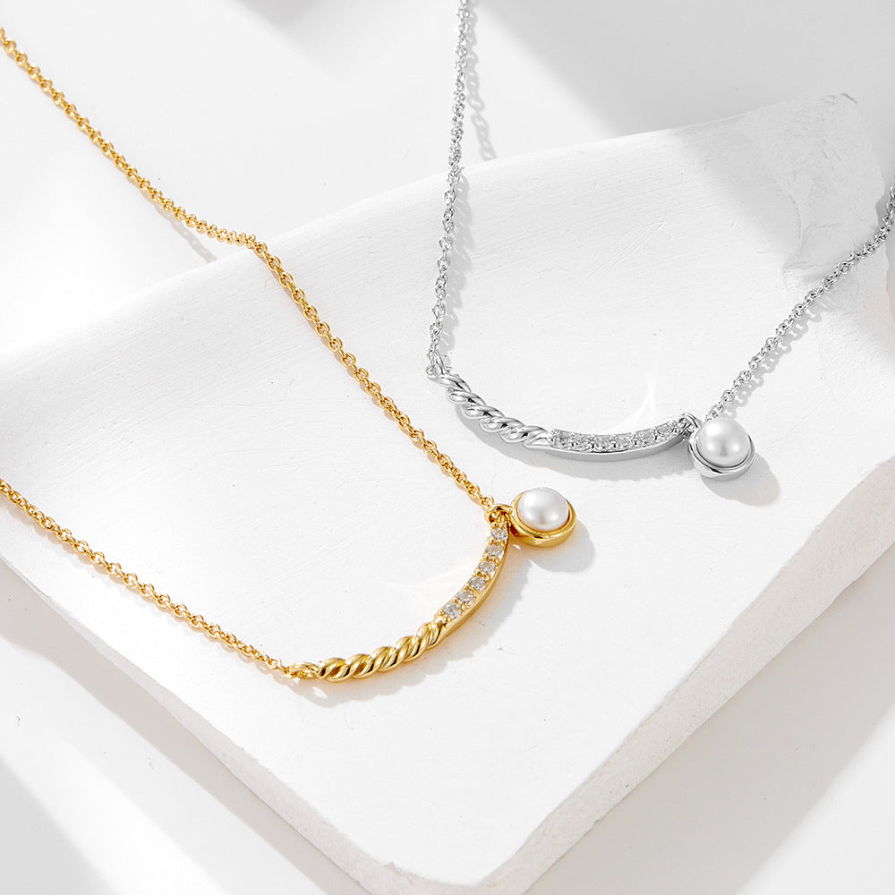 Zircon Pearl Pendant Necklace 925 Sterling Silver Smile