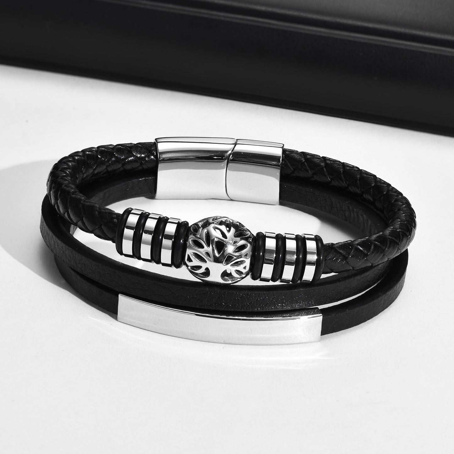 Stainless Steel Curved Tree of Life Men's Three-Layer Bracelet