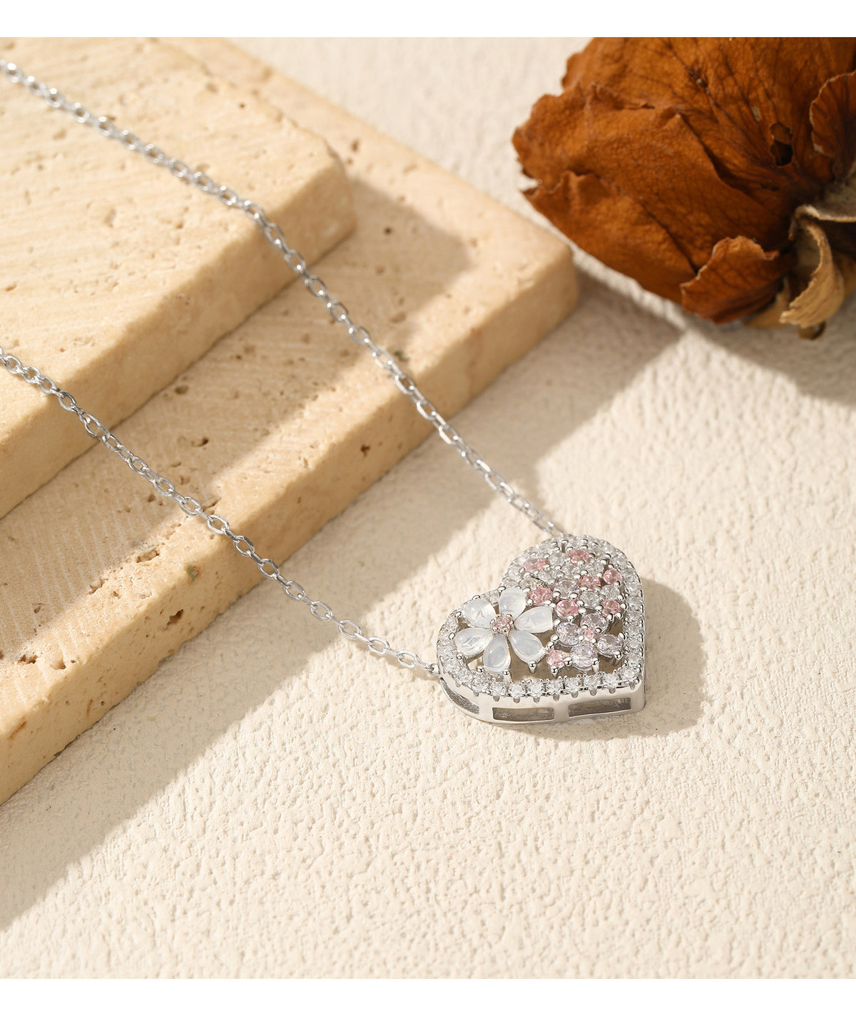 925 Sterling Silver Floral Heart Zircon Necklace