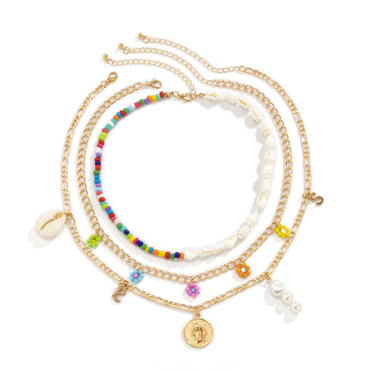 Planderful Vienna Verve Asymmetric Ocean Shell Daisy Fringed Necklace For Women Beaded Statement Necklace