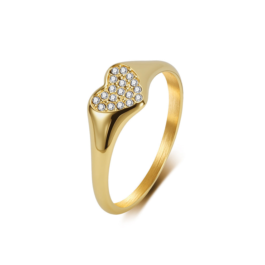Stainless Steel Full Zircon Heart-Shaped Ring Women's Love