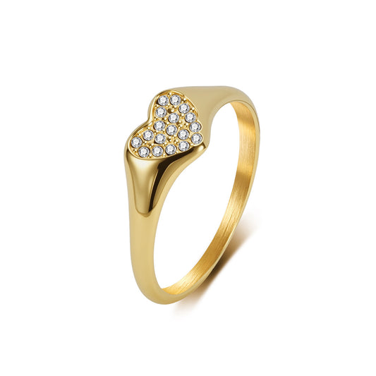 Stainless Steel Full Zircon Heart-Shaped Ring Women's Love