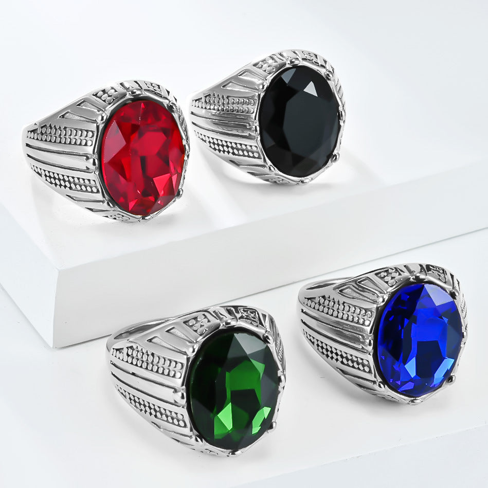 Planderful Everyday Genie Ring Retro Inlaid Glass Gem For Women European American Style Steel Band Sizes 7 8 9 10 11 12