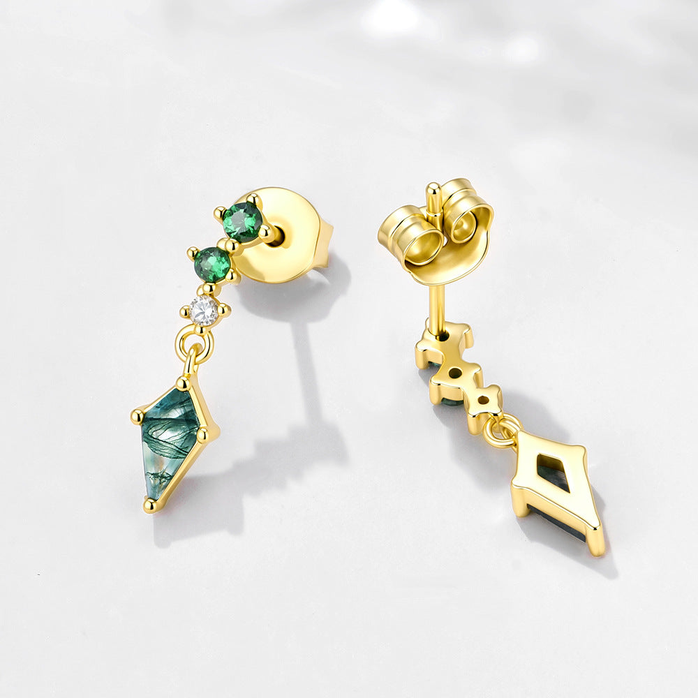 S925 Sterling Silver Natural Aquatic Agate Zircon Stud Earrings Geometric Rhombus Fringed Earrings