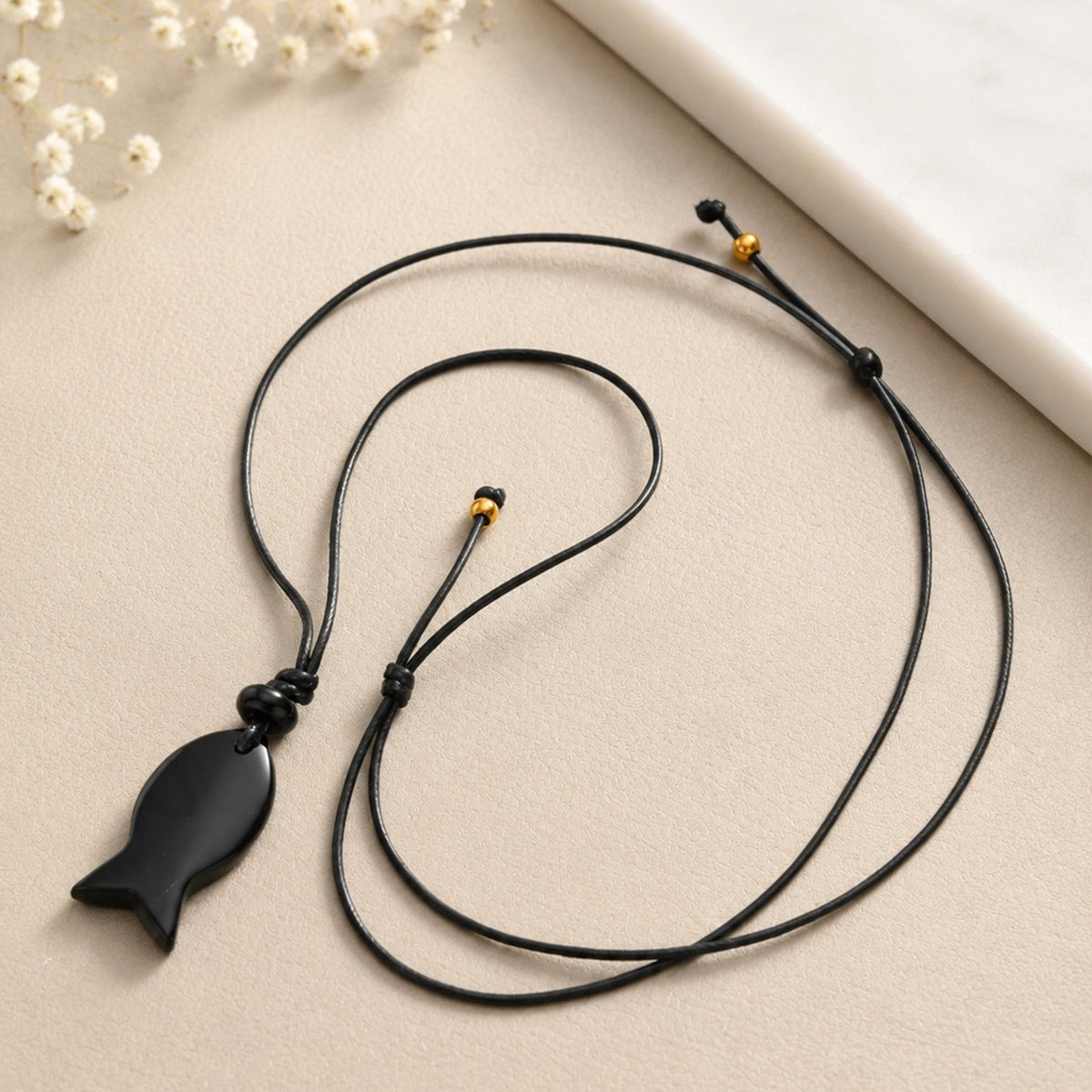 Bohemian Ocean Wind Natural Obsidian Fish Shape Adjustable Necklace Pendant