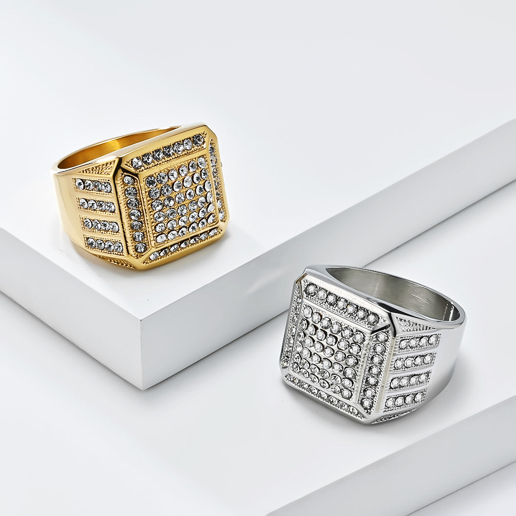 Planderful Everyday Genie Luxe Gold Plated Titanium Steel Ring With Zircon Inlay For Unisex Hip Hop Fashion Size 7 To 13