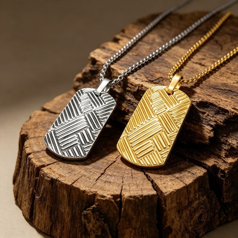 Staggered Twill Military Brand Pendant, Punk Style Retro Geometric Interwoven Stainless Steel Men's Necklace
