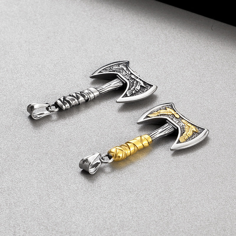 Titanium Steel Viking Crow Double-Headed Axe Pendant for Men - Nordic Mythology Inspired Hip-Hop Jewelry