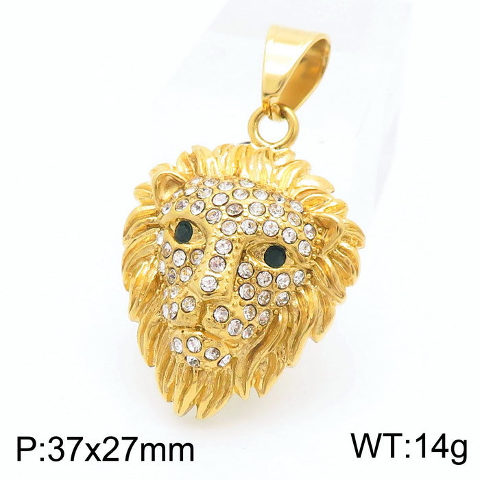Titanium Steel Lion Head Pendant with Gold Electroplating and Zircon Accents for Men