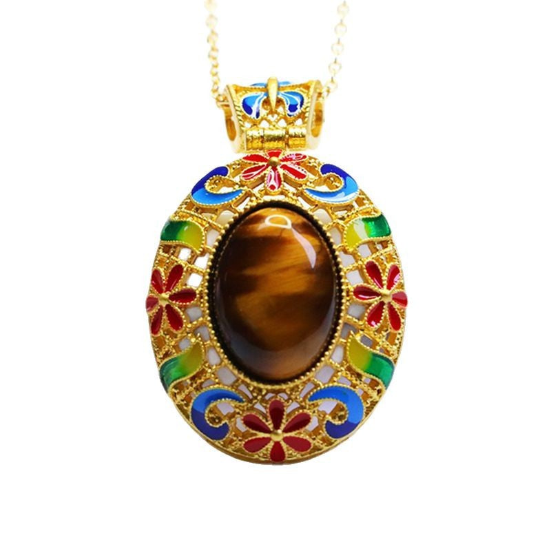 Yellow Tiger Eye Enamel Petal Pendant — No Chain