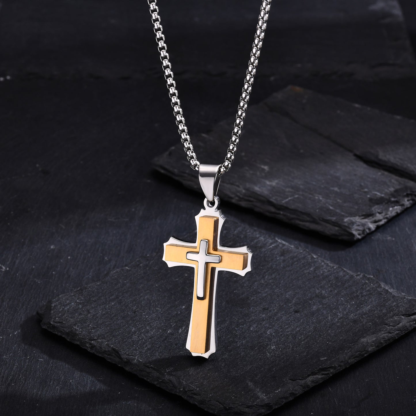 Jewelry European And American Accessories Stainless Steel Three Layer Cross Pendant Necklace For Men
