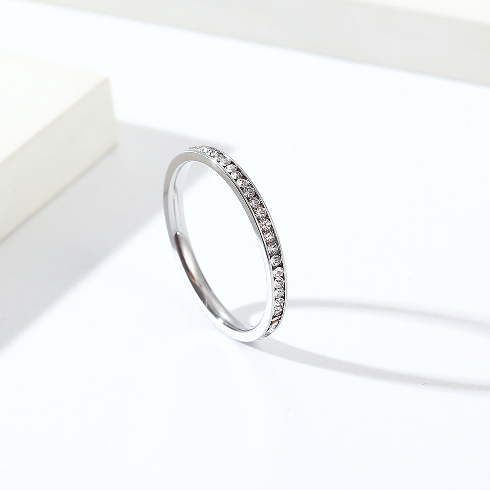 Ins Simple 2mm Circumference Full Zircon Titanium Steel Ring